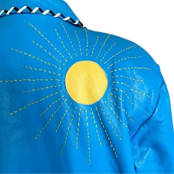 Vintage 80s Hannah Pang Blue Patchwork Leather Southwestern Jacket - M/L - Picture 11 of 14